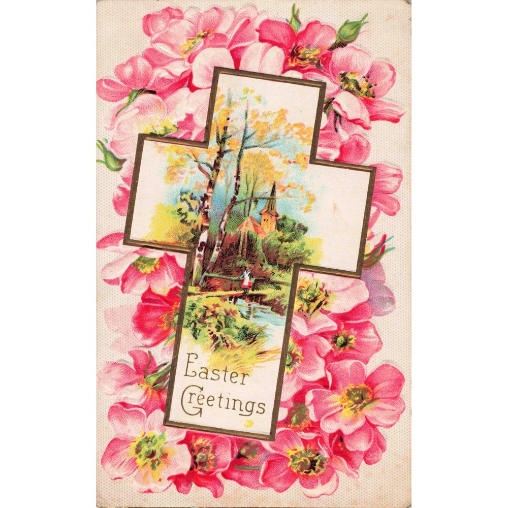 Easter Greetings Postcard 1910 Embossed Cross Church Landscape Pink Flowers - Picture 1 of 2